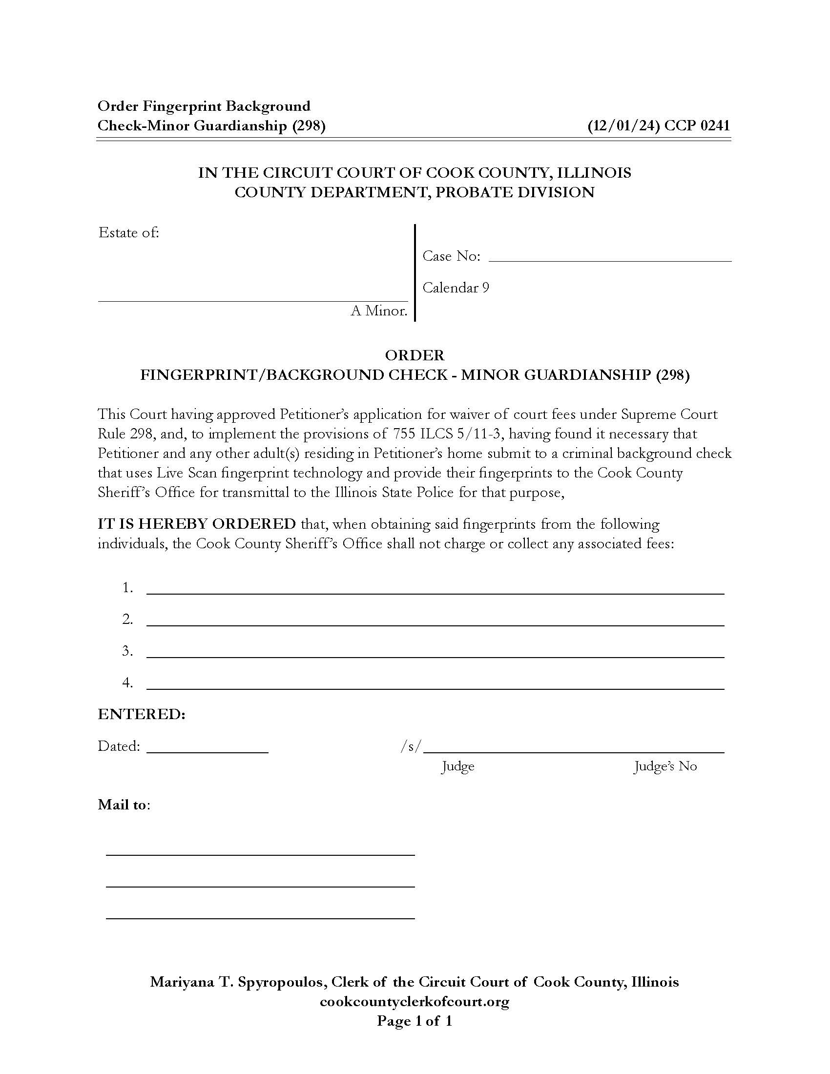 Order Fingerprint Background Check-Minor Guardianship {CCP 0241] | Pdf Fpdf Docx | Illinois